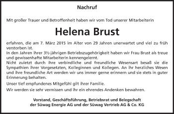 Traueranzeige von Helena Brust von Odenwälder Echo
