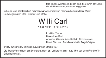 Traueranzeige von Willi Carl von Echo-Zeitungen (Gesamtausgabe)