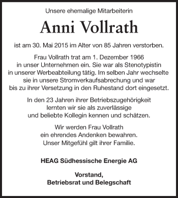 Traueranzeige von Anni Vollrath von Echo-Zeitungen (Gesamtausgabe)