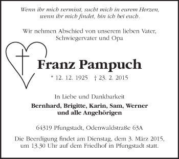 Traueranzeige von Franz Pampuch von Echo-Zeitungen (Gesamtausgabe)