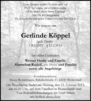 Traueranzeige von Gerlinde Köppel von Echo-Zeitungen (Gesamtausgabe)