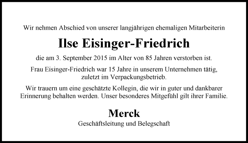  Traueranzeige für Ilse Eisinger-Friedrich vom 10.09.2015 aus trauer.echo-online.de