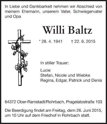 Traueranzeige von Willi Baltz von Echo-Zeitungen (Gesamtausgabe)