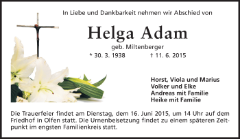 Traueranzeige von Helga Adam von Odenwälder Echo