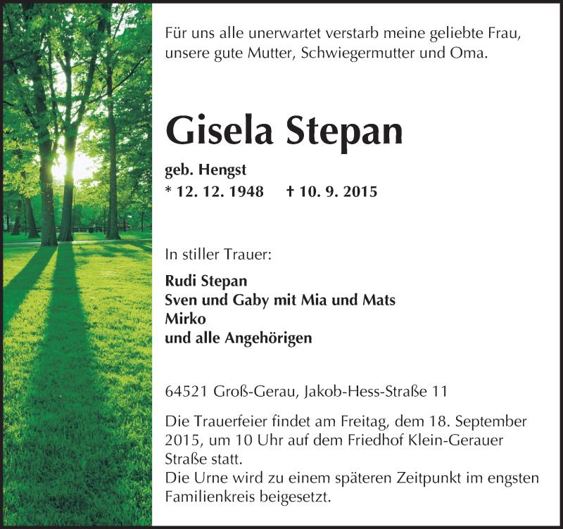  Traueranzeige für Gisela Stepan vom 15.09.2015 aus trauer.echo-online.de