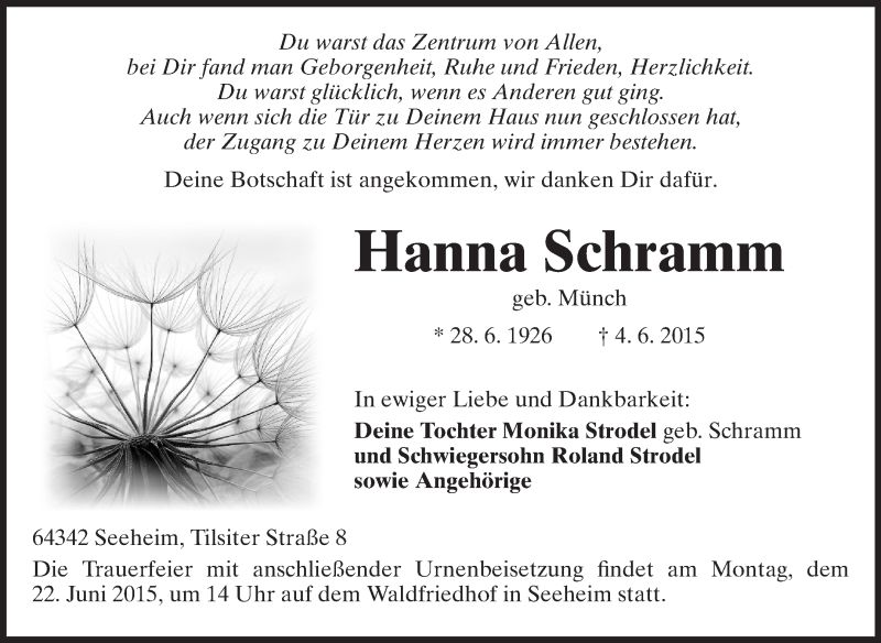  Traueranzeige für Hanna Schramm vom 15.06.2015 aus Echo-Zeitungen (Gesamtausgabe)