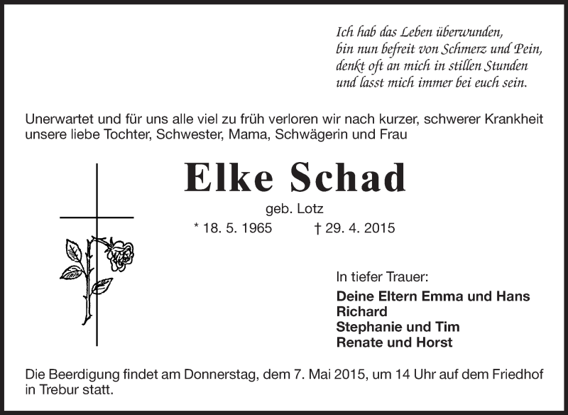  Traueranzeige für Elke Schad vom 05.05.2015 aus Rüsselsheimer Echo, Groß-Gerauer-Echo, Ried Echo