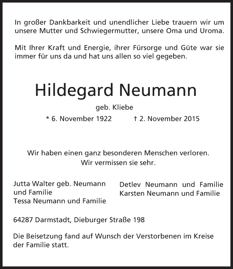  Traueranzeige für Hildegard Neumann vom 14.11.2015 aus trauer.echo-online.de