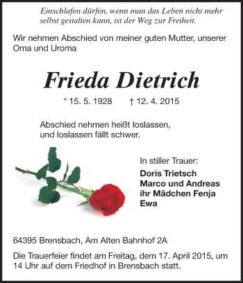 Traueranzeige von Frieda Dietrich von Echo-Zeitungen (Gesamtausgabe)