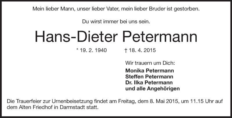  Traueranzeige für Hans-Dieter Petermann vom 25.04.2015 aus Echo-Zeitungen (Gesamtausgabe)