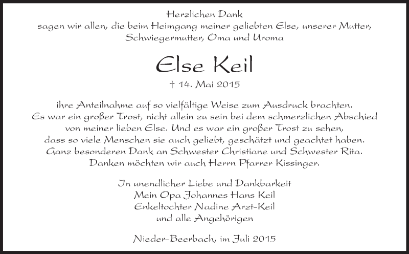  Traueranzeige für Else Keil vom 18.07.2015 aus Echo-Zeitungen (Gesamtausgabe)