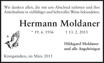 Traueranzeige von Hermann Moldaner von Rüsselsheimer Echo, Groß-Gerauer-Echo, Ried Echo