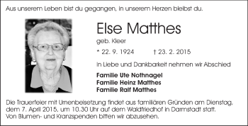 Traueranzeige von Else Matthes von Echo-Zeitungen (Gesamtausgabe)