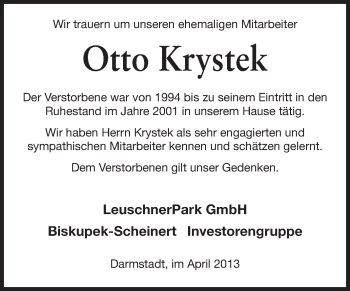 Traueranzeige von Otto Krystek von Darmstädter Echo
