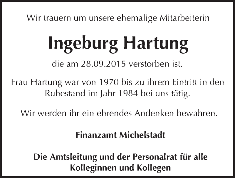  Traueranzeige für Ingeburg Hartung vom 05.10.2015 aus trauer.echo-online.de
