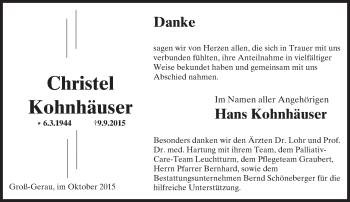 Traueranzeige von Christel Kohnhäuser von trauer.echo-online.de