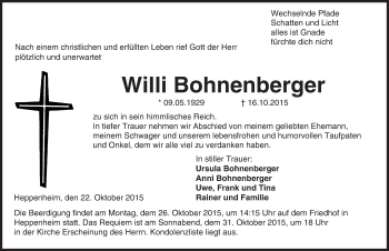 Traueranzeige von Willi Bohnenberger von trauer.echo-online.de