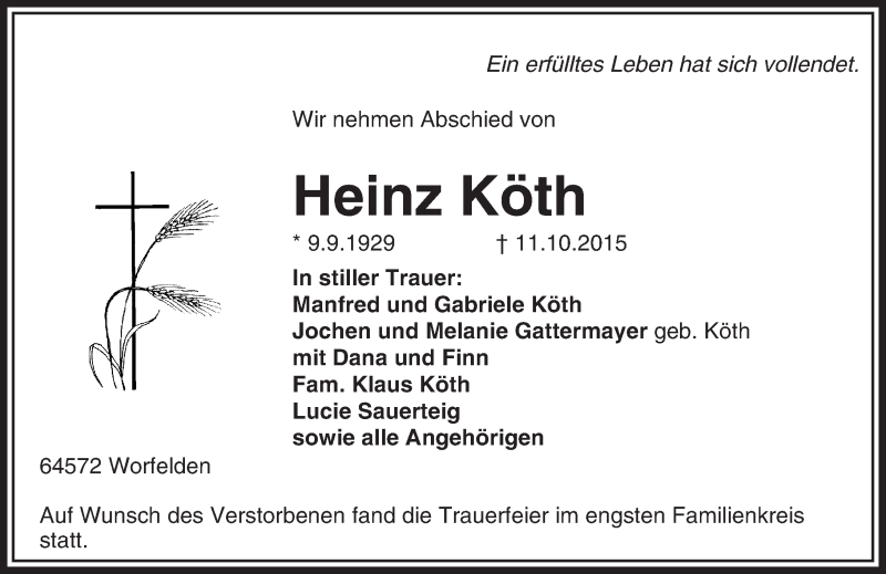  Traueranzeige für Heinz Köth vom 15.10.2015 aus trauer.echo-online.de
