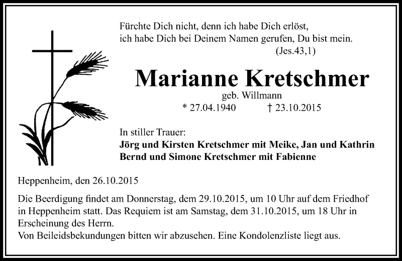  Traueranzeige für Marianne Kretschmer vom 26.10.2015 aus trauer.echo-online.de