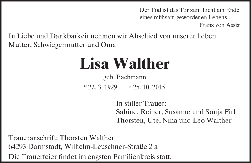  Traueranzeige für Lisa Walther vom 28.10.2015 aus trauer.echo-online.de