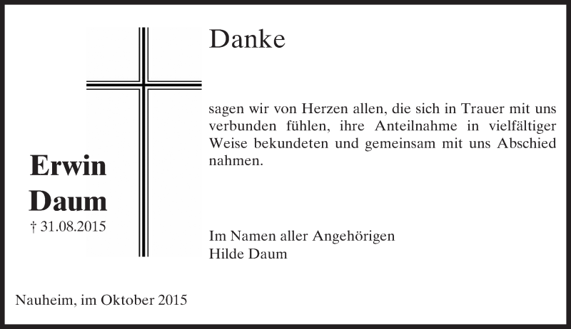  Traueranzeige für Erwin Daum vom 10.10.2015 aus trauer.echo-online.de