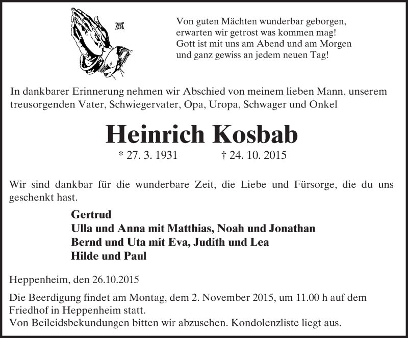  Traueranzeige für Heinrich Kosbab vom 29.10.2015 aus trauer.echo-online.de