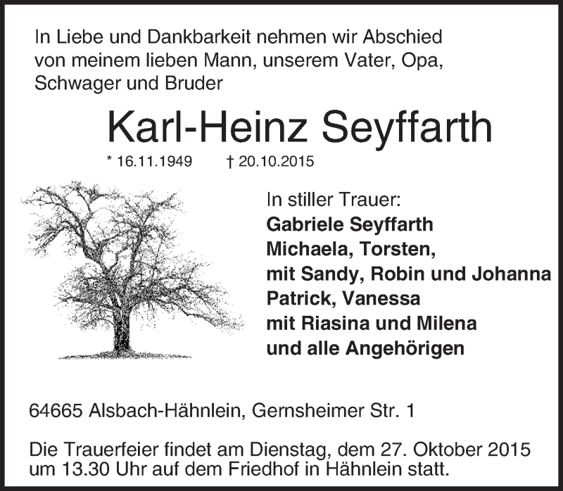 Traueranzeige für Karl-Heinz Seyffarth vom 24.10.2015 aus trauer.echo-online.de