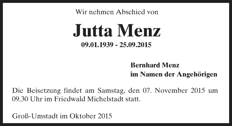  Traueranzeige für Jutta Menz vom 31.10.2015 aus trauer.echo-online.de
