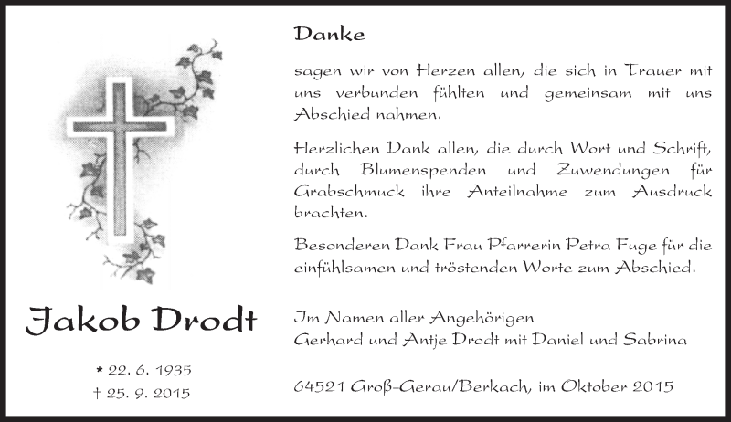 Traueranzeige für Jakob Drodt vom 10.10.2015 aus trauer.echo-online.de