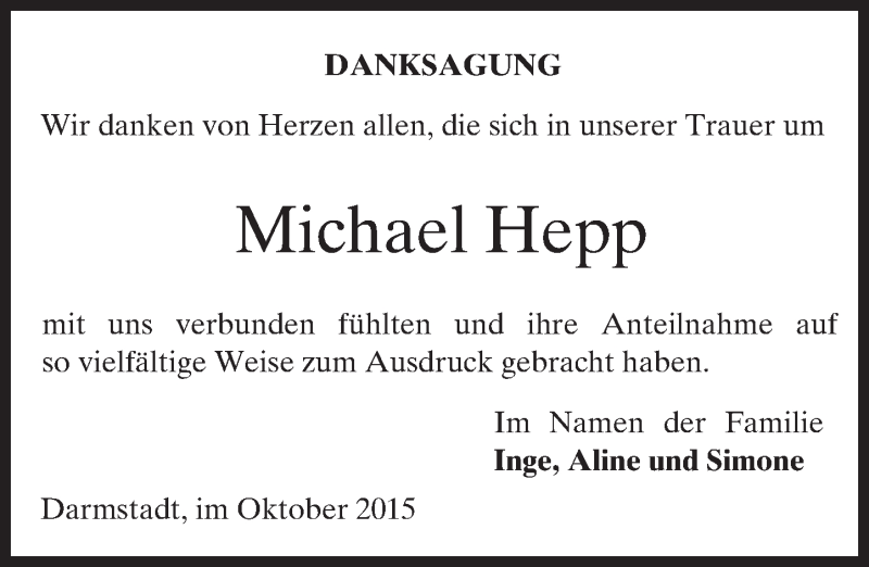  Traueranzeige für Michael Hepp vom 24.10.2015 aus trauer.echo-online.de