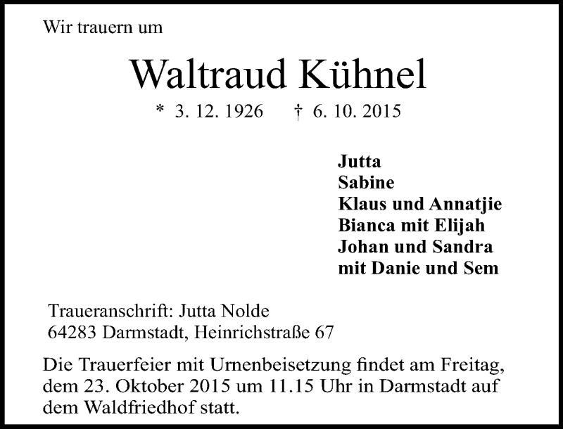  Traueranzeige für Waltraud Kühnel vom 17.10.2015 aus trauer.echo-online.de