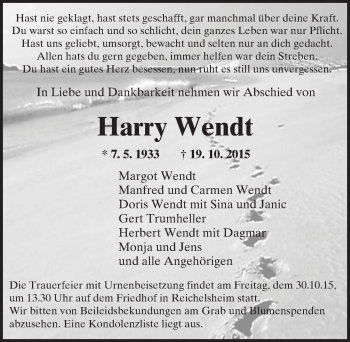 Traueranzeige von Harry Wendt von trauer.echo-online.de