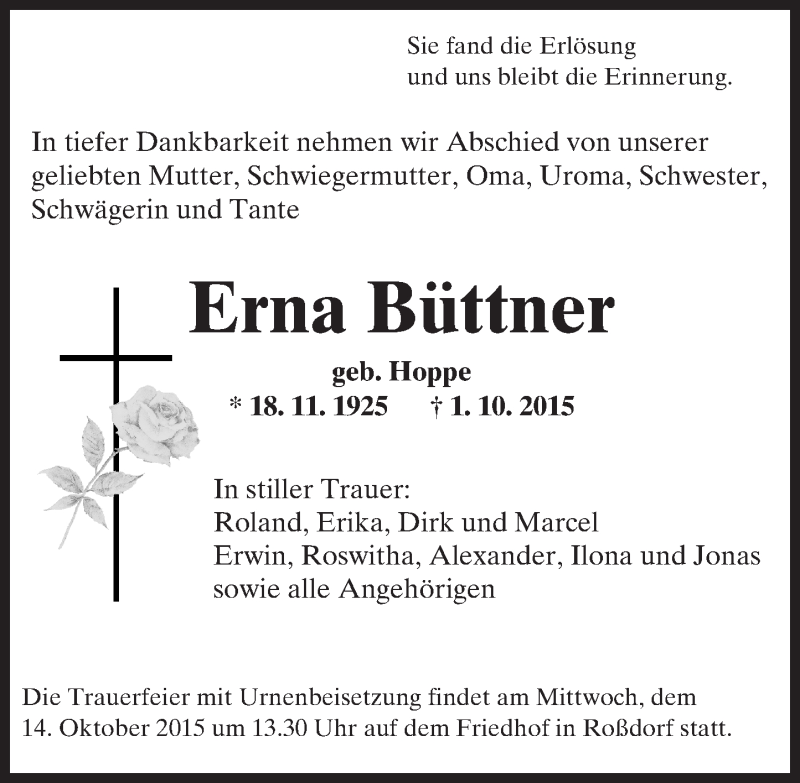  Traueranzeige für Erna Büttner vom 10.10.2015 aus trauer.echo-online.de