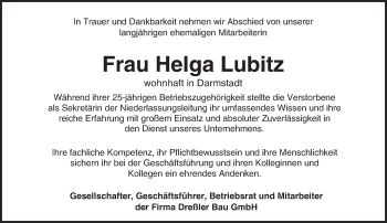 Traueranzeige von Helga Lubitz von trauer.echo-online.de