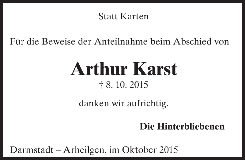  Traueranzeige für Arthur Karst vom 31.10.2015 aus trauer.echo-online.de