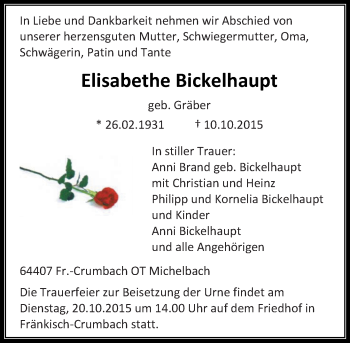 Traueranzeige von Elisabethe Bickelhaupt von trauer.echo-online.de
