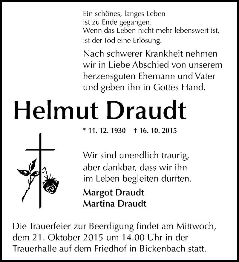  Traueranzeige für Helmut Draudt vom 19.10.2015 aus trauer.echo-online.de