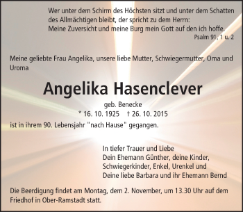 Traueranzeige von Angelika Hasenclever von trauer.echo-online.de