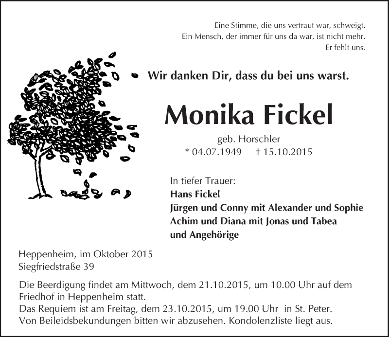  Traueranzeige für Monika Fickel vom 19.10.2015 aus trauer.echo-online.de