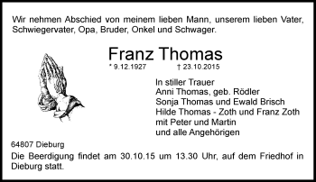 Traueranzeige von Franz Thomas von trauer.echo-online.de
