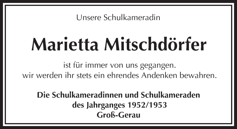  Traueranzeige für Marietta Mitschdörfer vom 01.10.2015 aus trauer.echo-online.de