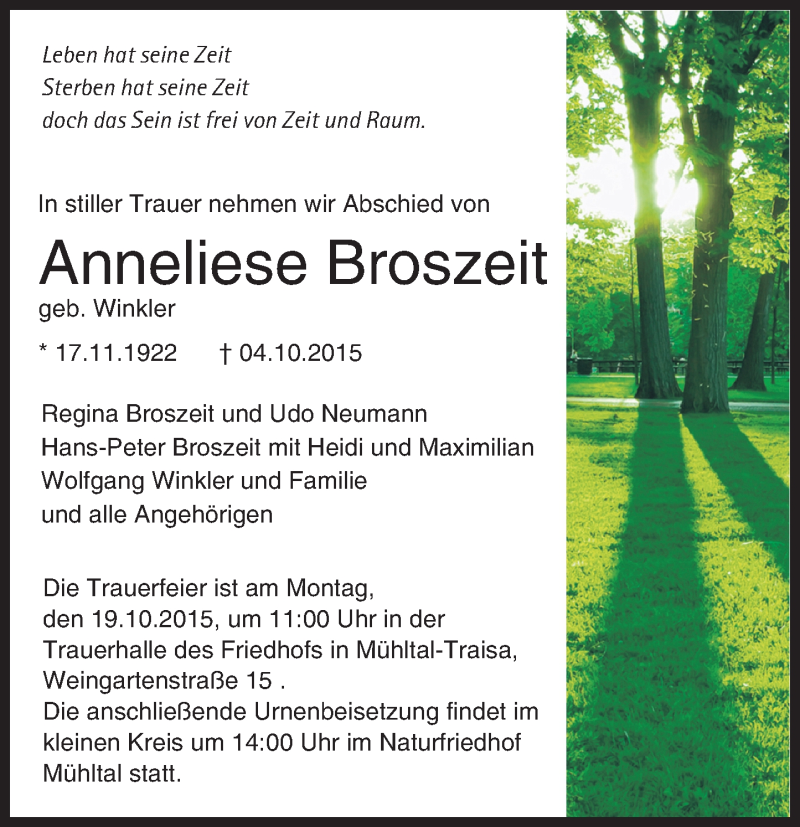  Traueranzeige für Anneliese Broszeit vom 10.10.2015 aus trauer.echo-online.de