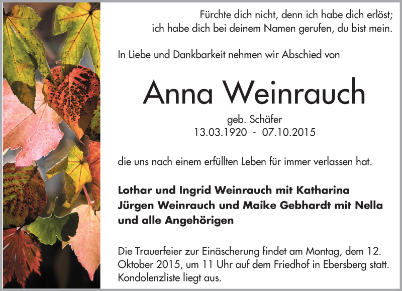  Traueranzeige für Anna Weinrauch vom 10.10.2015 aus trauer.echo-online.de