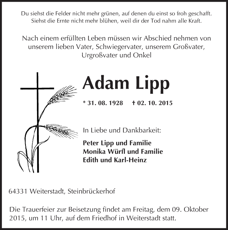  Traueranzeige für Adam Lipp vom 06.10.2015 aus trauer.echo-online.de