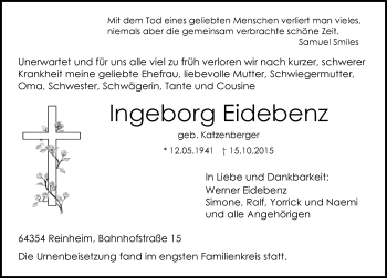 Traueranzeige von Ingeborg Eidebenz von trauer.echo-online.de