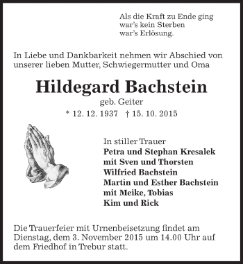 Traueranzeige von Hildegard Bachstein von trauer.echo-online.de