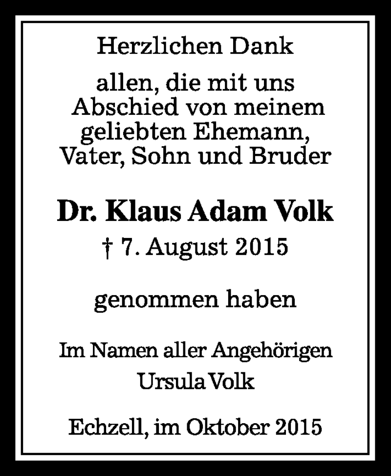  Traueranzeige für Klaus Adam Volk vom 10.10.2015 aus trauer.echo-online.de