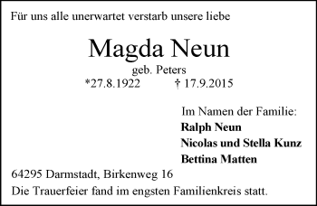 Traueranzeige von Magda Neun von trauer.echo-online.de