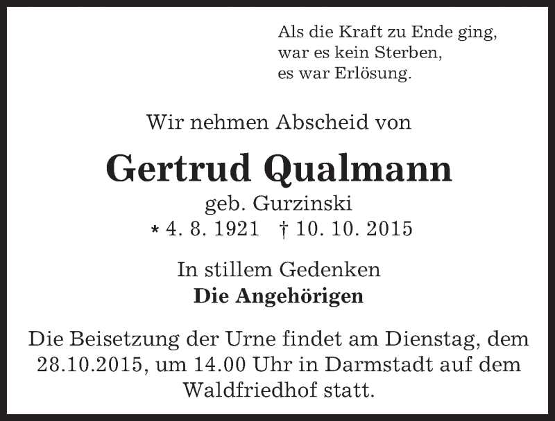  Traueranzeige für Gertrud Qualmann vom 24.10.2015 aus trauer.echo-online.de