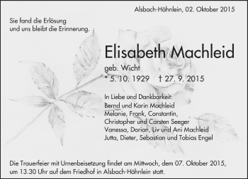 Traueranzeige von Elisabeth Machleid von trauer.echo-online.de